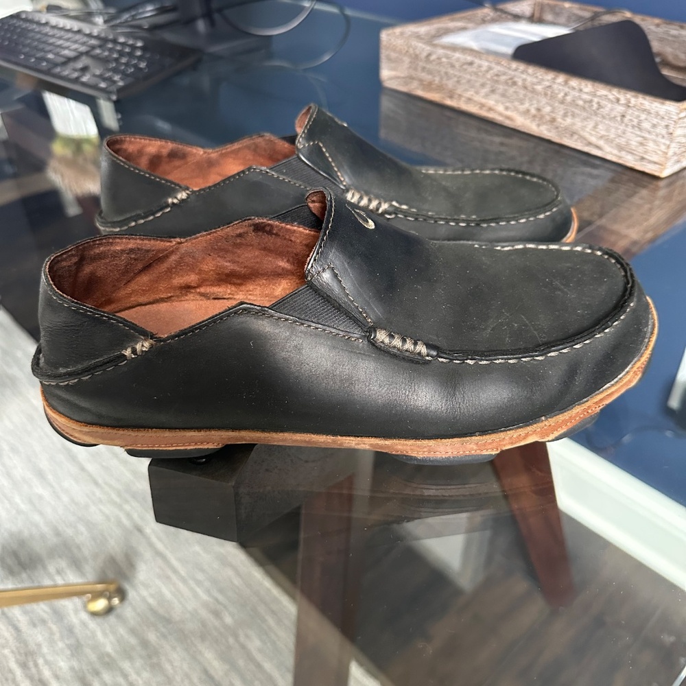 Olukai Moloa Shoes Mens 11 Black Convertible Leather Slip On Casual Moc Loafers‎ - Picture 3 of 6